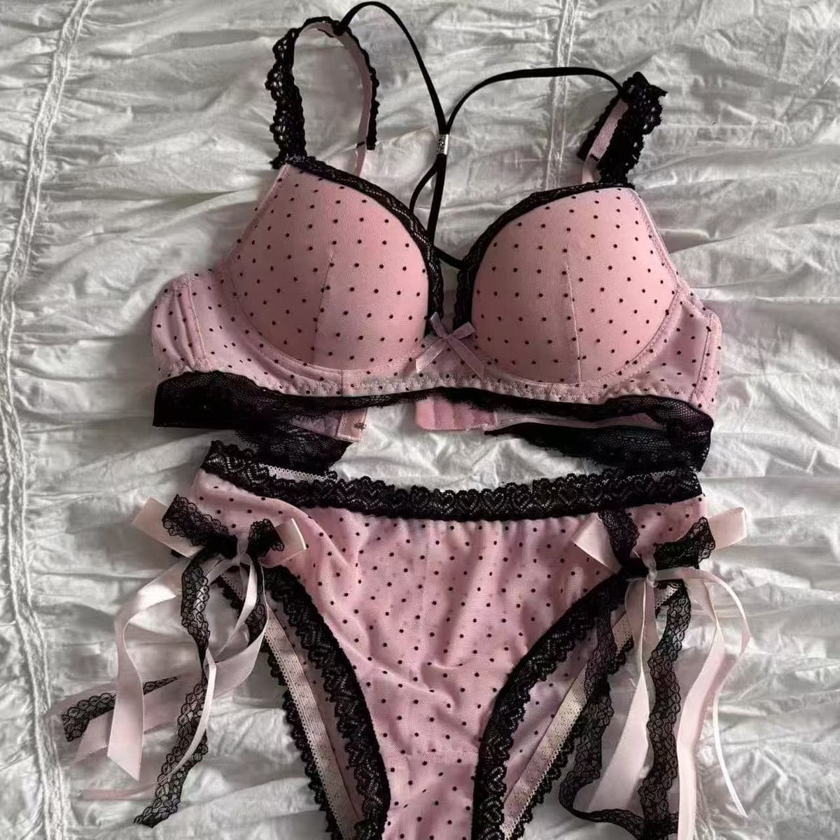 Polka Dot Lace Bow Lingerie Set Push-Up Bra in Pink and Black