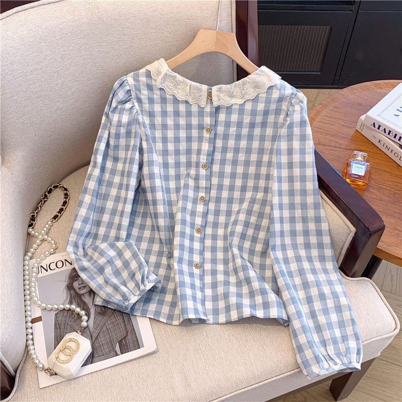 Women’s French Lace Plaid Long Sleeve Blouse