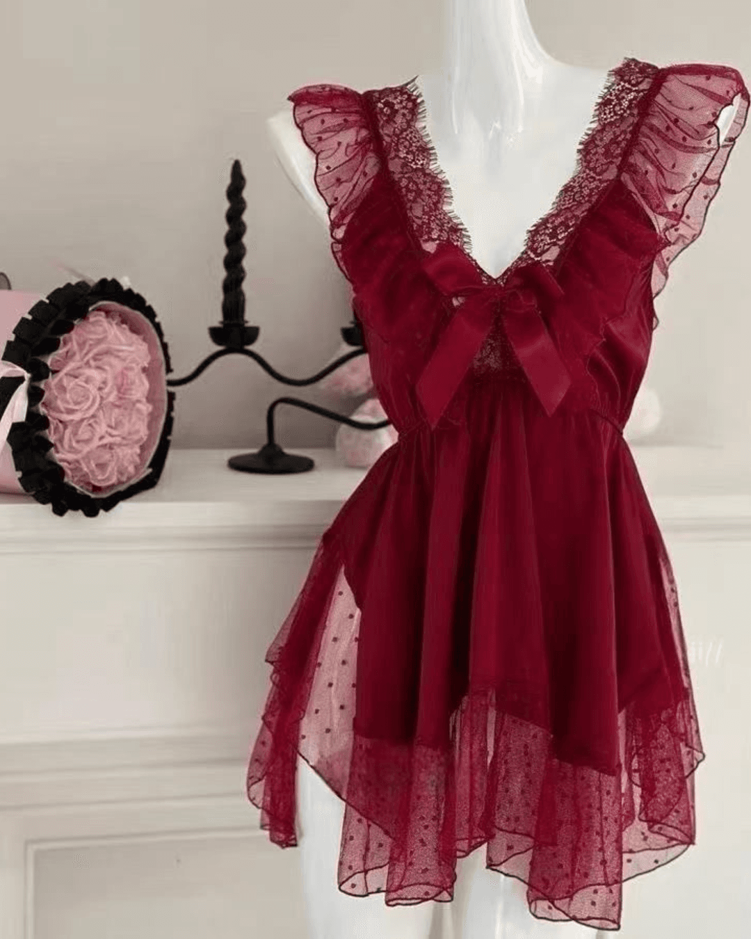 Plus Size Lace Bow Ice Silk Nightdress