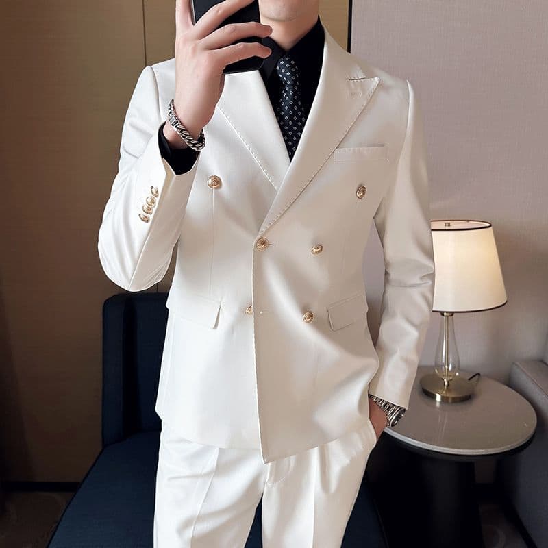 White Double-Breasted Men’s Suit 3-Piece Slim Fit Formal Tuxedo