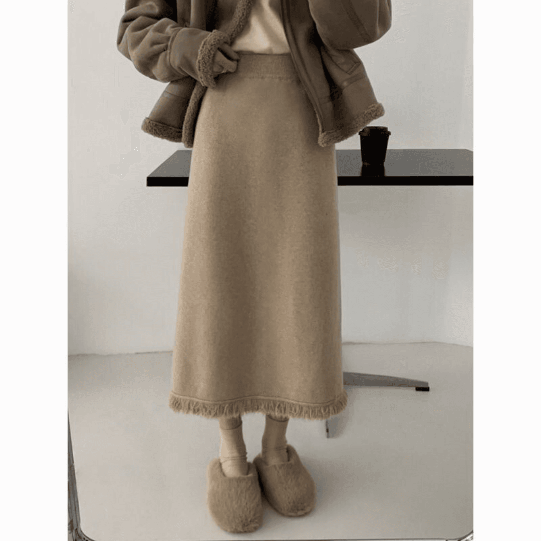 Vintage Knit Tassel Split Skirt | Thickened Mid-Length Wool Skirt for Women