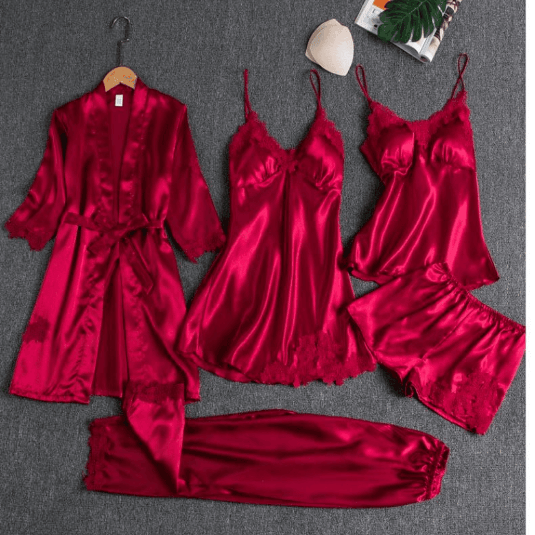 Silk 5-Piece Women's Sleepwear Set with Chest Pads – Camisole Dress, Robe & Loungewear