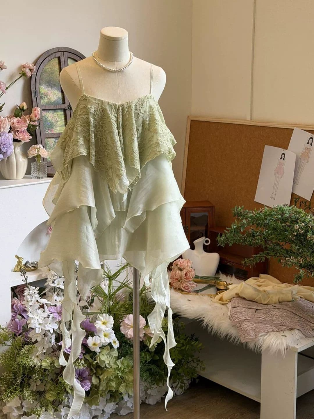 Green Ruffle Lace Chiffon Tube Top for Women