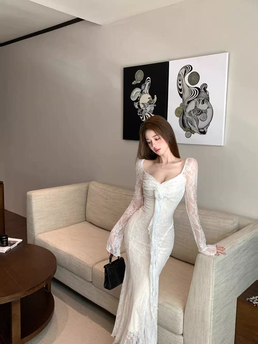 Women’s V-Neck Lace Patchwork Floral Long Sleeve Dress