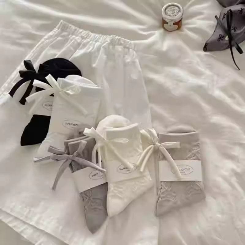 Spring Summer Grey Bow Cotton Slouch Socks