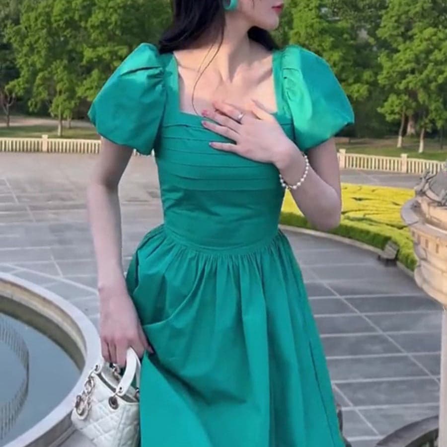 Puff Sleeve Women’s Tea Break Dress – Retro Slim Waist Long Dress