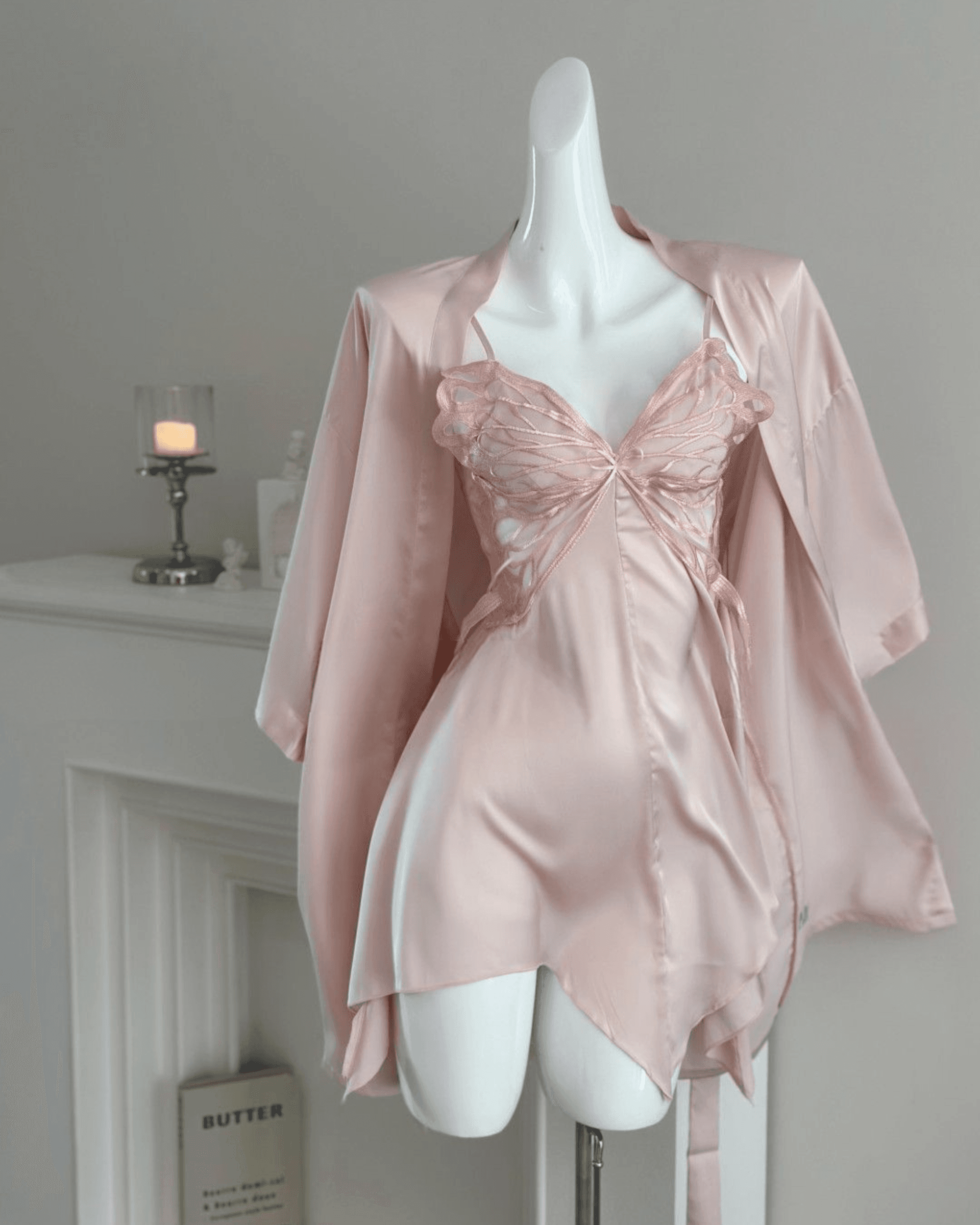 Blush Butterfly Lace Satin Nightdress Set