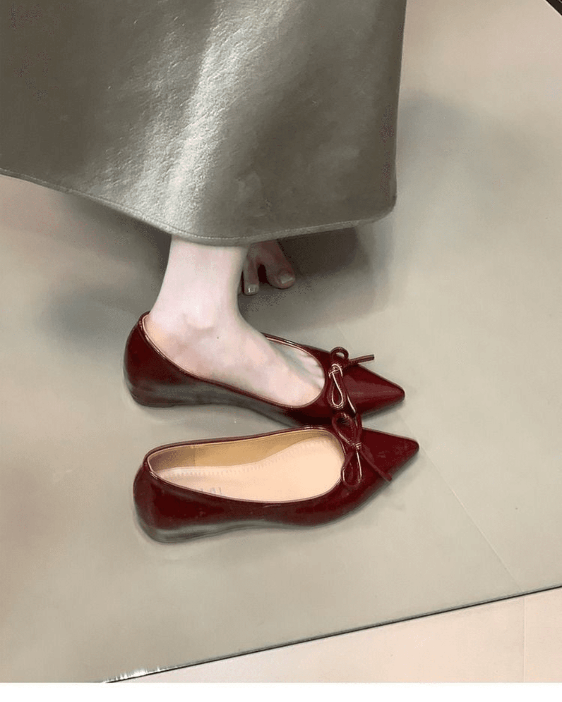Nude Bow Mary Jane Flats – Pointed Toe Hidden Wedge Soft Leather Women’s Shoes
