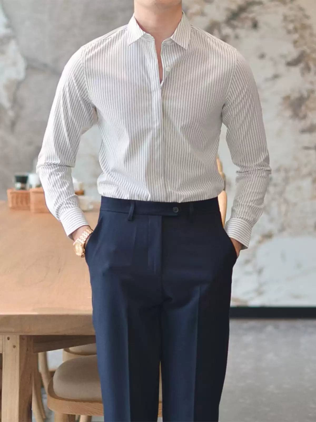 Men’s Wrinkle-Resistant Striped Shirt – Korean Style Hidden Button Smart Casual Dress Shirt