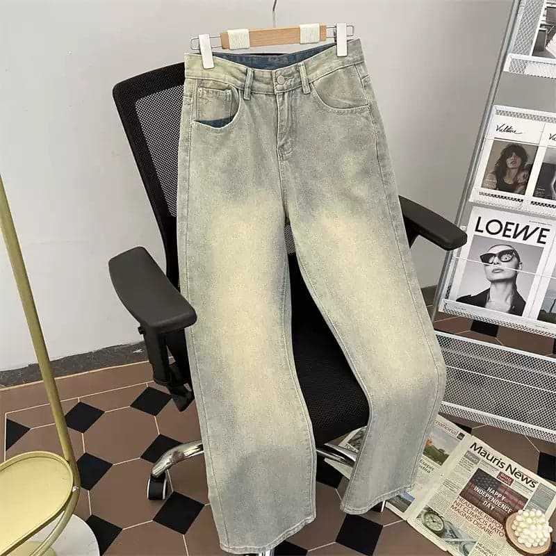 Men's Yellow Mud Washed Straight-Leg Jeans – Vibe Streetwear Loose Fit Distressed Denim