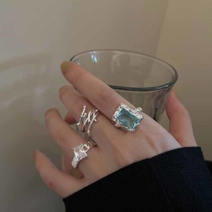 Geometric Square Zircon Open Ring – Adjustable High-End INS Style for Women