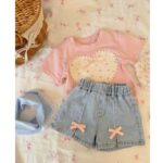 Girls Korean Style Pink Denim Shorts Set