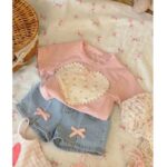 Girls Korean Style Pink Denim Shorts Set - Image 4