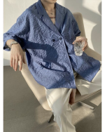Asymmetric Button Embossed Pattern Loose Short Sleeve Shirt - Image 4