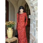Moroccan rose printed long-sleeved slim fit holiday long dress - Image 3