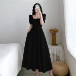 White Hepburn light mature style dress with puff sleeves square neck, waist, slimming temperament, over-the-knee long dress - Image 5
