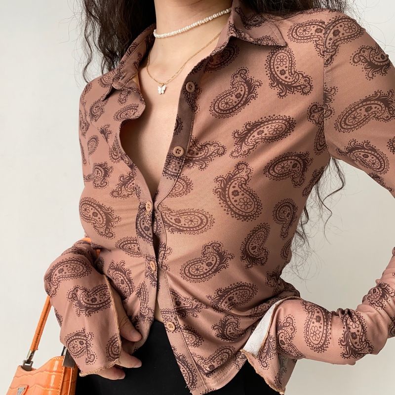 13368708557928221 Retro Design Printed Lapel Extra Long Sleeve Women's Slim Shirt - Image 1