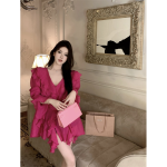 French V-Neck Ruffle - Rose Red Loose Mid-Length Shirt Dress - Image 2