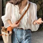 Chic V-Neck Ruffle Tie Blouse – Soft Puff Sleeve Loose Shirt