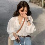 Chic V-Neck Ruffle Tie Blouse – Soft Puff Sleeve Loose Shirt - Image 4