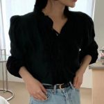 Chic V-Neck Ruffle Tie Blouse – Soft Puff Sleeve Loose Shirt - Image 3