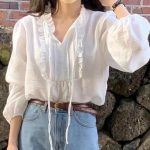 Chic V-Neck Ruffle Tie Blouse – Soft Puff Sleeve Loose Shirt - Image 2
