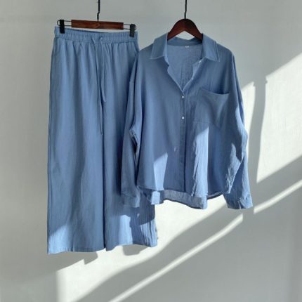 Vintage Plus Size Cotton Linen Two-Piece Set – Women's High-Waist Shirt & Wide-Leg Pants coord