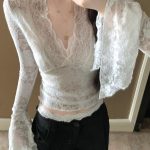 Layered French V-Neck Lace Trim Sheer Top – Chic Sexy Flared Sleeve Blouse - Image 3
