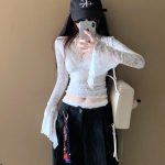 Layered French V-Neck Lace Trim Sheer Top – Chic Sexy Flared Sleeve Blouse - Image 2