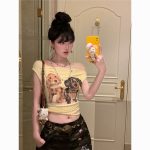 Retro Puppy Print Off-Shoulder T-Shirt – Women’s Vintage Two-Way Cute Streetwear Top - Image 2