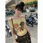 Retro Puppy Print Off-Shoulder T-Shirt – Women’s Vintage Two-Way Cute Streetwear Top - Image 3