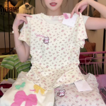 Floral Cat Embroidered Square-Neck Top – Women’s Slim Fit Sweet Short Sleeve Blouse