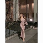 French Style Sparkly Draped Spaghetti Strap Bodycon Long Dress - Image 2