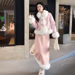 Suede Fur Collar Quilted Jacket and Skirt Set - Image 6