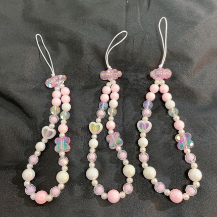 INS Style Pink Beaded Flower Phone Chain – Universal Phone Strap with Camera Charm