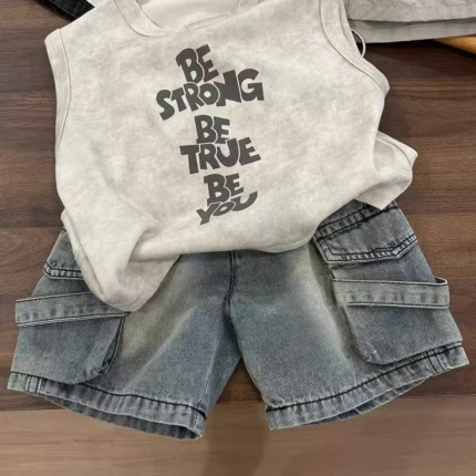 Boys korean style sleeveless vest and denim shorts two piece set