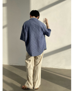 Asymmetric Button Embossed Pattern Loose Short Sleeve Shirt - Image 7