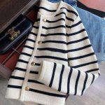 Black and White Striped Knit Cardigan Short Button Up Sweater Jacket - Image 2