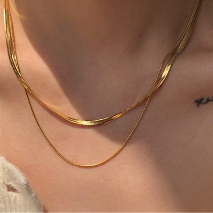 Double Layered Snake Chain Necklace for Women – High-End Gold Titanium Steel Vintage Clavicle Choker