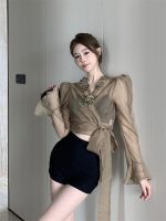 Elegant 3D Floral Blouse – French Tie-Waist Sheer Wrap Shirt - Image 6