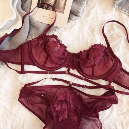 French Embroidered Mesh Lace-Up Ultra-Thin Push-Up Bra Set – Large Bust Minimizing, Soft Underwire