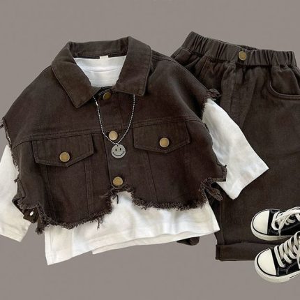 Boys stylish three piece set vest jacket and casual pants outfit