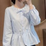 Women’s Sweet Blue Lantern Sleeve Bow Blouse