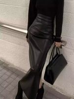 Black PU Leather High-Waist Midi Skirt – Sexy Slimming Bodycon Skirt with Slit for Spring - Image 3