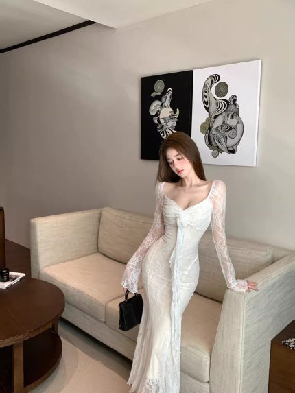 Women’s V-Neck Lace Patchwork Floral Long Sleeve Dress