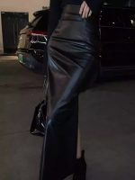 Black PU Leather High-Waist Midi Skirt – Sexy Slimming Bodycon Skirt with Slit for Spring - Image 2