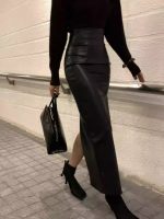 Black PU Leather High-Waist Midi Skirt – Sexy Slimming Bodycon Skirt with Slit for Spring - Image 10