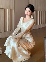 Satin Low-Neck Flared Sleeve Bodycon Dress