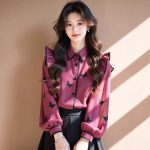 Rose Red Butterfly Print Puff Sleeve Top – Women's Flying Sleeve Blouse - Image 2