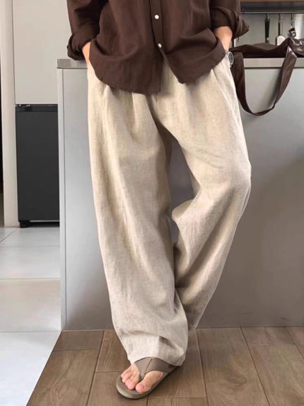 Linen Blend Relaxed Straight-Leg Trousers for Men